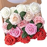 N&T NIETING Artificial Flowers 25pcs Real Looking Artificial Roses with Stems for Valentine's Day Mother's Day Wedding Bridal Bouquet Party Baby Shower Cake Decoration, Series Red