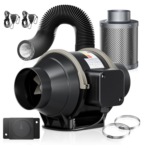 Trsaow 100 mm Rohrventilator-Set, Lüftungsset mit 360 m³/h Luftleistung, Inline-Rohrventilator-Komplettset mit Drehzahlregler, Kohlefilter und flexiblem Schlauch, ideal für Growzelt Silent Duct Fan