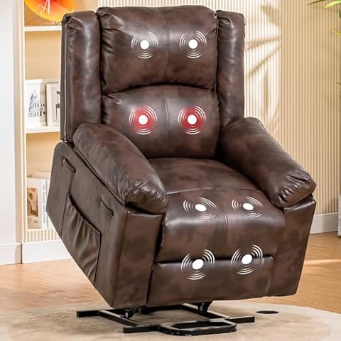 COMHOMA Power Lift Recliner for Elderly, Lift Chair with Heat and Massage, PU Recliner Sofa with Timing Function 2 Side Pockets and Infinite Position for Living Room, Brown Cover