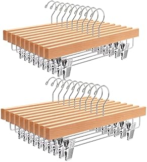 Amber Home 35.5cm Natural Wooden Pants Hangers 20pcs, Smooth Wood Skirt Hanger Organizer with Adjustable Anti-Slip Clips, Space Saving Solid Clothes Hangers Rack for Bottoms Jeans Slacks Trousers