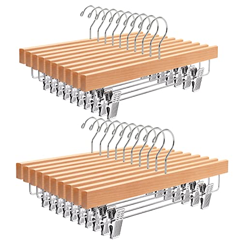 Perchas de madera para pantalones con clips ajustables, paquete de 20, organizador de ropa liso para jeans, pantalones de vestir, pantalones, diseño que ahorra espacio
