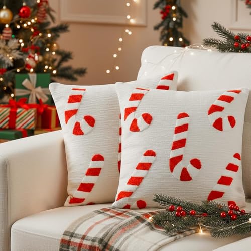 ALUNME 2 Pack Pillow Covers Decor 18x18 Inch Red and White Candy Cane Striped Throw Pillow Covers with 3D Embroidered Towel Pattern for Sofa Couch Living Room Bedroom Holiday Decor