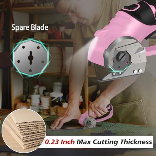 Image of Cordless Electric Scissors, 4V Rechargeable Box Cutter & Cardboard Cutter with LED Light, Safety Lock - Rotary Cutter for Fabric, Leather, Carpet, Plastic, Crafting, Sewing with Storage Box (Pink)