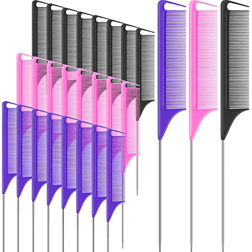 24 Pieces Pintail Comb Rat Tail Comb Hairdressing Styling Comb Teasing Comb Parting Sectioning Comb Anti-Static Heat Resistant Steel Tail Comb for Hair Salon Home Supplies, Black, Purple, Pink