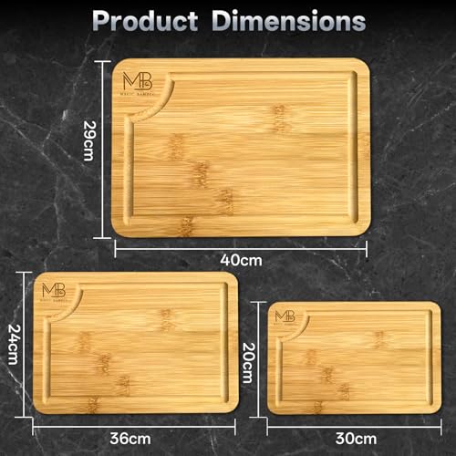 Set de 3 tablas de cortar Premium de bambú para cocina – bloques de corte rectangulares duraderos con ranuras profundas para jugos y asas integradas, perfectos para carne, verduras y charcutería miniatura 5