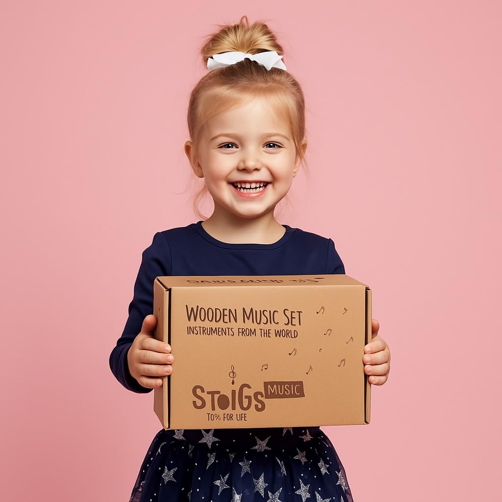 Set de Instrumentos Musicales de Madera Stoie’s para Niños de 1-9 Años – Tambor, Flauta, Maracas, Campanitas, Castañuelas, Pandereta, Juguete Montessori Educativo, Seguro, con Bolsa de Algodón