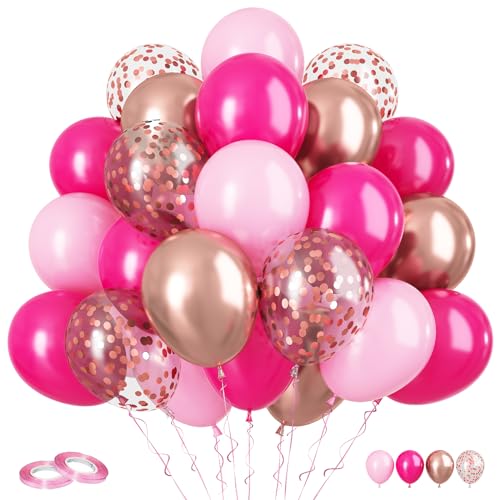 Image of Hot Pink and Rose Gold Balloons, 60Pcs Pastel Pink Balloon, 12 Inch Metallic Rose Gold Confetti Balloons Helium Rose Red Latex Balloon for Girls Birthday Baby Shower Wedding Bridal Party Decorations
