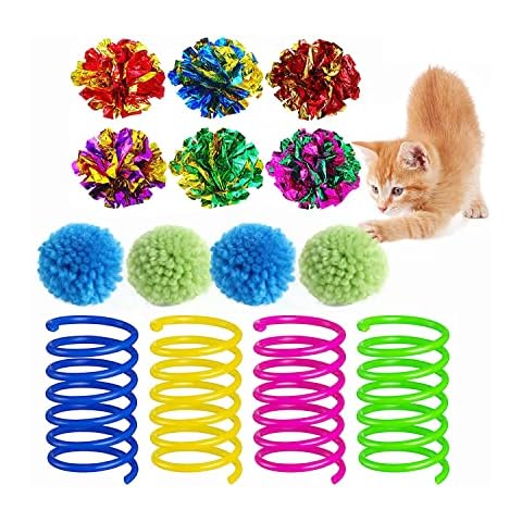 Gesuche 14 PCS Cat Toy Springs and Balls Set,Colorful Cat Spring Toy and Small Pom Pom Balls,Sparkle Kitten Crinkle Toys Cat Mylar Balls with Rustle Sound for Cats Kittens Playing Interacting Cover