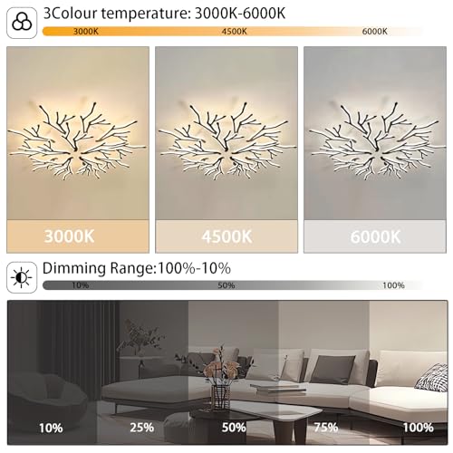 Plafonnier LED 200W moderne noir dimmable avec télécommande salon 15 têtes