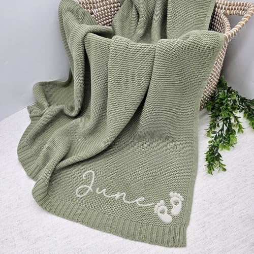Image of Luxury Personalized Name Embroidered Soft Breathable Cotton Knit Blanket, Newborn Gift for New Mom, Perfect for Baby Girl & Boy