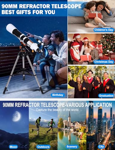 Image of Telescope for Adults High Powered 90mm Aperture 800mm,Refractor Telescopes for Astronomy Beginners with AZ Mount Tripod,Phone Adapter,Carry Bag (80090black-white)