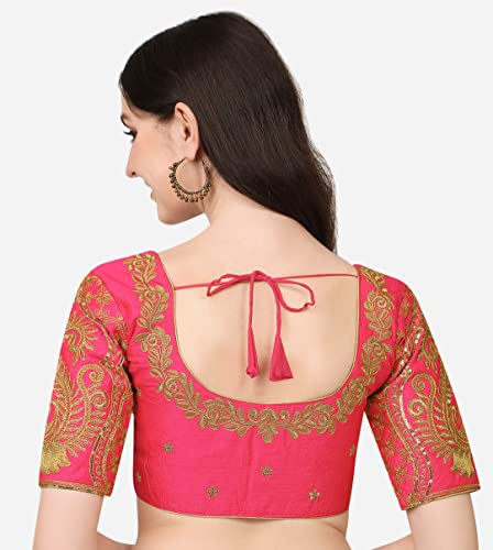 Image of Pujia Mills Women's Phantom Silk Embroidery Handwork & Sequin Work Peacock Design Half Sleeve Readymade Blouse (Mor Blouse Gold 38 Size+Margin)