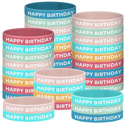 Ecally 48 Pcs Boho Classroom Happy Birthday Bracelets Student Bulk Rubber Boho Silicone Stretch Wristbands for Student Birthday Classroom Party Supplies