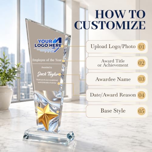 Image of Custom Crystal Trophy Award Personalized Plaque Award with Text Logo Photo Awards Trophies for Employee Recognition Team Graduation Personalized Office Gifts for Boss Coworker Teacher