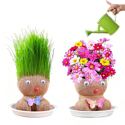 Ferizzia Muñeco Cabeza de Hierba y Flores, 2 Piezas, Mini Bonsái