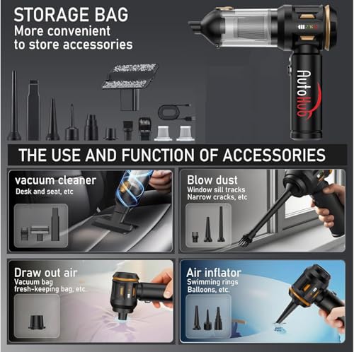 Image of Auto Hub 4 in 1 Vacuum Cleaner for Car & Home, Cordless Car Vacuum Cleaner & Blower | Rechargeable 6000mAh | BLDC Motor | 3 Speed Suction Upto 17000PA - 1 Year Warranty
