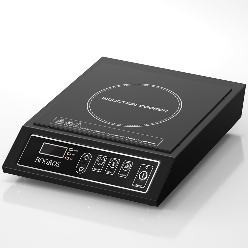 BOOROS Commercial Induction Hob,3500W Induction Cooker with 10 Power Levels 80-270°C,24.38cm Heating Coils (20.32cm Core) Single Inducton Cooktop,24H Timer and Preset,50 kg Large Load Capacity,Black