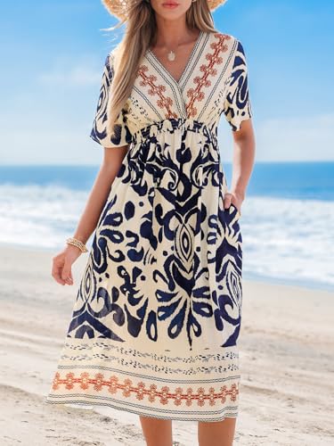 Image of CUPSHE Summer Womens Summer Dresses V Neck Short Sleeve Vacation Casual Smocked Beach Midi Wedding Guest Dress