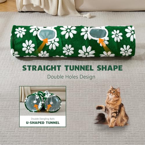 Image of Straight Cat Tunnel for Indoor Cats 47 inchx12 inch, Cute Cat Toys Collapsible Tunnel Tube with Balls for Puppy Kitten Rabbit, Green Flower