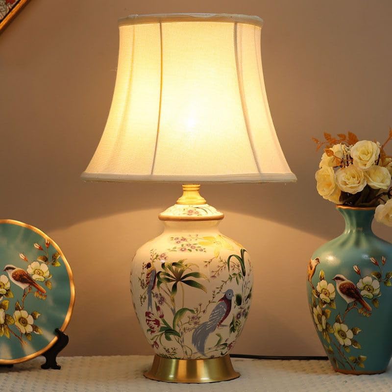 HvKvHvY Vintage Ceramic Table Lamps,E27 Handmade Bedside Lamp Nightstand Lamps, Classic Chinoiserie Green Fabric Desk Lamp for Bedroom Living Room Office(A02)