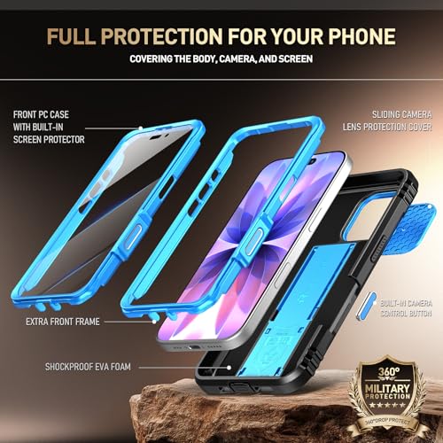 Image of Poetic for iPhone 17 Case with Camera Control Capture Button, [Slide Camera Cover] [Built-in Stand] [Built-in Screen Protector] Full-Body Military Grade Rugged Phone Case for iPhone 17, Light Blue