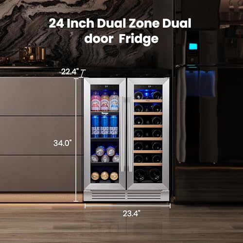 Image of Yeego Wine and Beverage Refrigerator - 24 Inch Dual Zone Wine Fridge 60 Can & 20 Bottle, 36-72F Cooler Built in Under Counter Fridge with Glass Door for Beer Soda Drink Home Bar Office