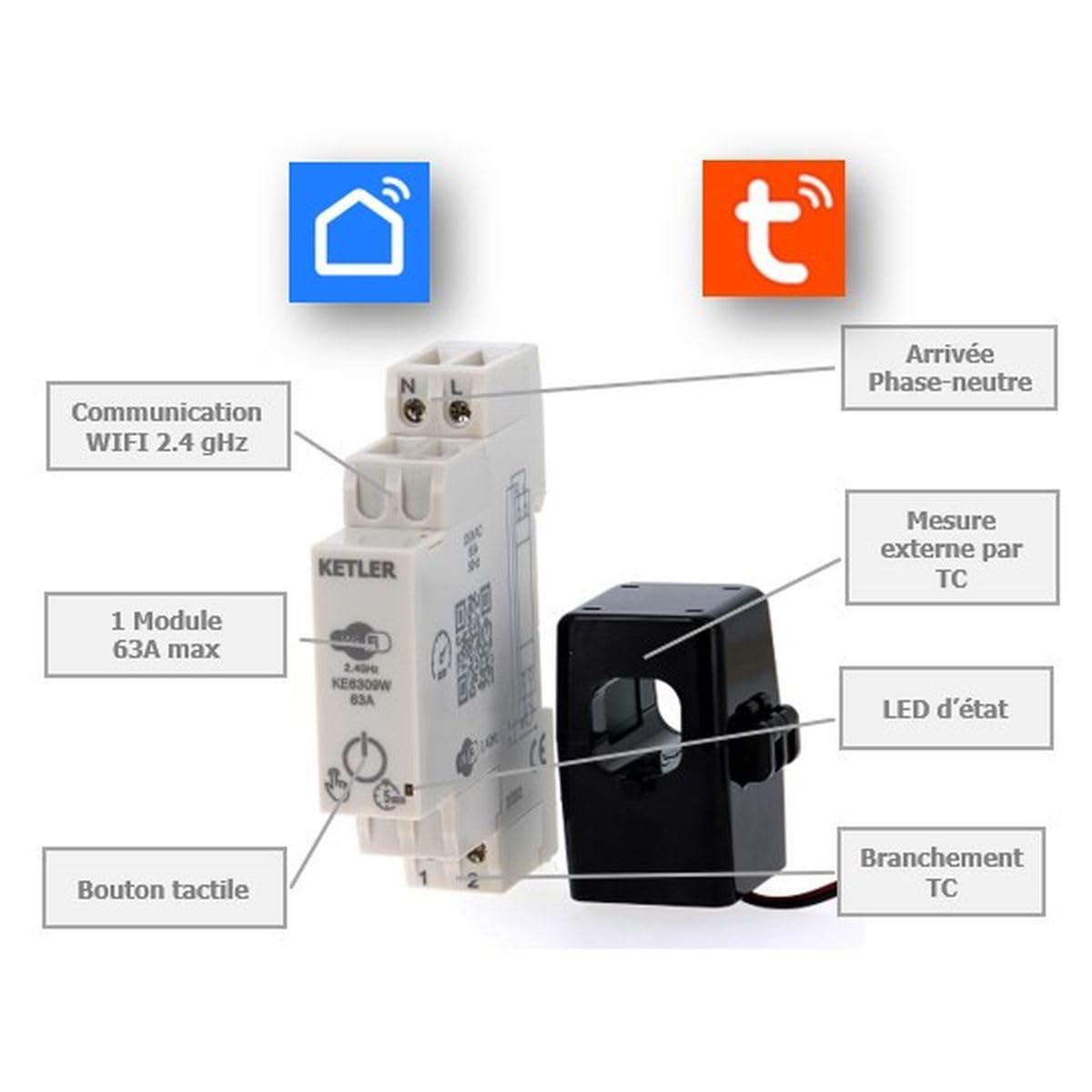 KETLER KE6309W Stromzähler – Mono 63 A – WLAN – Smart Life und Tuya