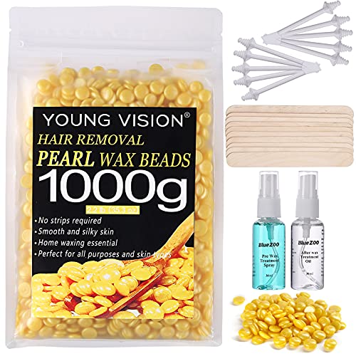 YOUNG VISION Pearl Hard Wax Beads for Hair Removal, Wax Beans 1000 g/2.2 lb/35 oz for Home Waxing, Painless Bikini&Brazilian Waxing Beads, Thick/Coarse Hair Removal Wax Kit, Sensitive Skin Friendly