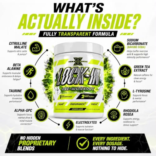 Image of Lock-In Pre Workout Powder with Baking Soda, Lemon Lime Flavor, 30 Servings