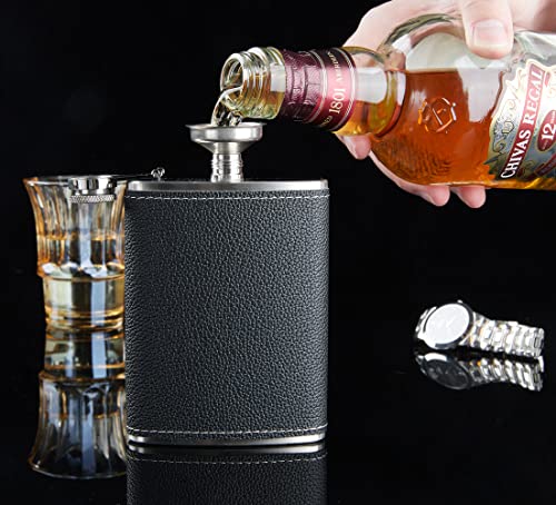 Image of ROIMOE Stainless Hip Flask Gift Set 8 Oz Hip Flask with Black Leather Cover Portable Steel Hip Flasks for Liquor with 2 Cups & Funnel Whiskey&Rum &Vodka Flasks for Drink Bar BBQ and Traveling