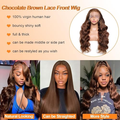 RXY Echthaar Perücke 13x4 Body Wave Braun 180% Dichte HD Lace Front Wig 100% Human Hair Wig #4 Perücke Damen mit Babyhaar Brown Human Hair for Women 18 Zoll(46cm) – Bild 6