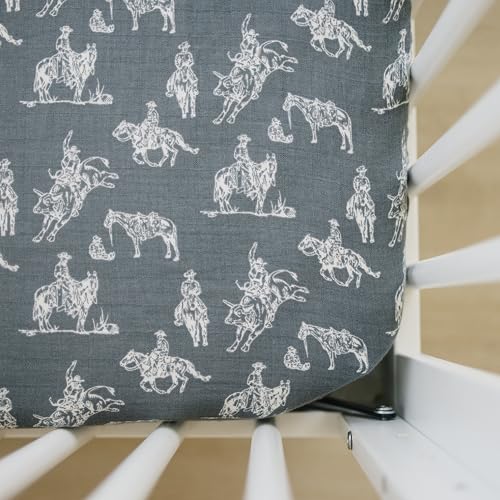 Image of Wild West Muslin Crib Sheet by Mebie Baby, Soft and Breathable Bed Sheets for Babies, Modern Neutral Bedding for Cribs, Standard Crib Mattress Fitted Sheet, Great for Boy or Girl Room or Nursery