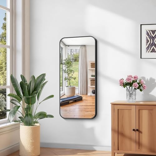 Image of KOCUUY Black Mirror 20 inch x 40 inch, Metal Frame Vanity Mirror for Wall, Rectangle Bathroom Mirror with Rounded Corner, Upgraded Shatterproof Glass for Bathroom, Bedroom, Hang Horizontal or Vertical