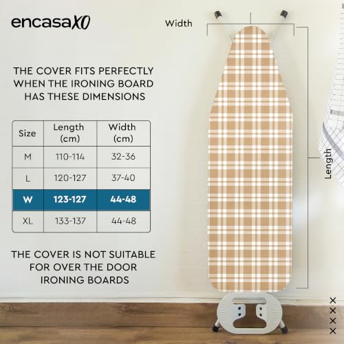 Image of Encasa XO Ironing Board Covers and Pad - 125x46 cm Fits Wide Iron Boards, Thick 4mm Felt, Elasticated Fit, Heat & Scorch-Resistant, Elastic Bungee Cord Tightening & Lock Franca Beige Checks