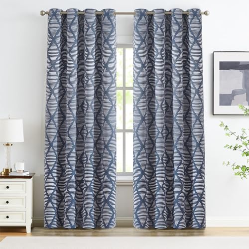 jinchan 100% Blackout Curtains 63 Inches Long for Bedroom, Boho Insulated Curtains Black Printed on Beige Geometric Drapes Back Tab Rod Pocket Room Darkening Retro Farmhouse Pattern 2 Panels