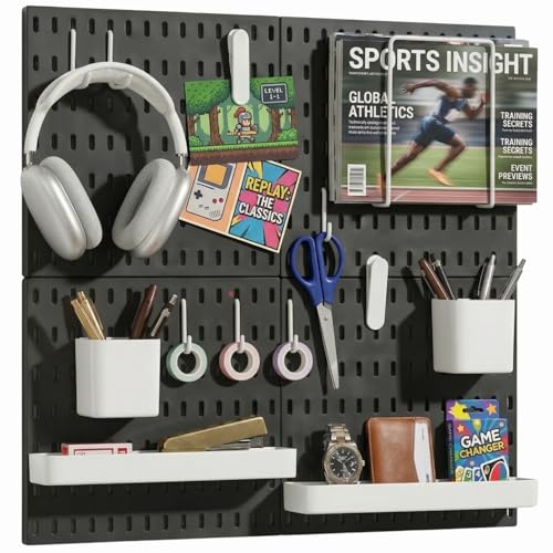 Keepo Pegboard Combination Kit Pegboards and Accessories Modular Hanging for Wall Organizer Crafts Organization Ornaments Display Nursery Storage Peg Board (Black 22×22)