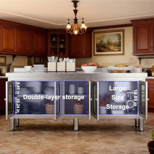 70" Stainless Steel Table Cabinet Heavy Duty Prep Table with 304 Stainless Steel Worktop and 5 Glass Doors Commercial Worktable Workbench with Storage Cabinet for Kitchen Garage Restaurant Outdoor by KINGBO - Used condition - Image 4