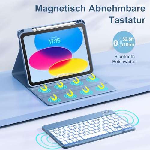 Vobafe Hülle mit Tastatur für iPad A16 11/10 Generation (2025/2022, 11/10.9 Zoll)- 7 Farben Beleuchtete Magnetische Abnehmbare Keyboard Schutzhülle mit Stifthalter für iPad 11. /10. Gen, Blau
