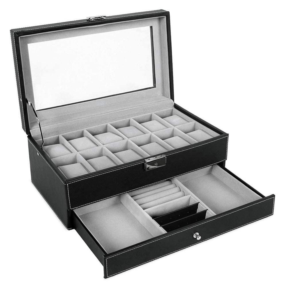 Maverton Cofanetto Porta Orologi e Gioielli con 12 scomparti e 1 cassetto - Custodia Orologi - Coperchio in vetro - Fodera in velluto - incisione personalizzata - regalo uomo - regalo di Natale - Vita
