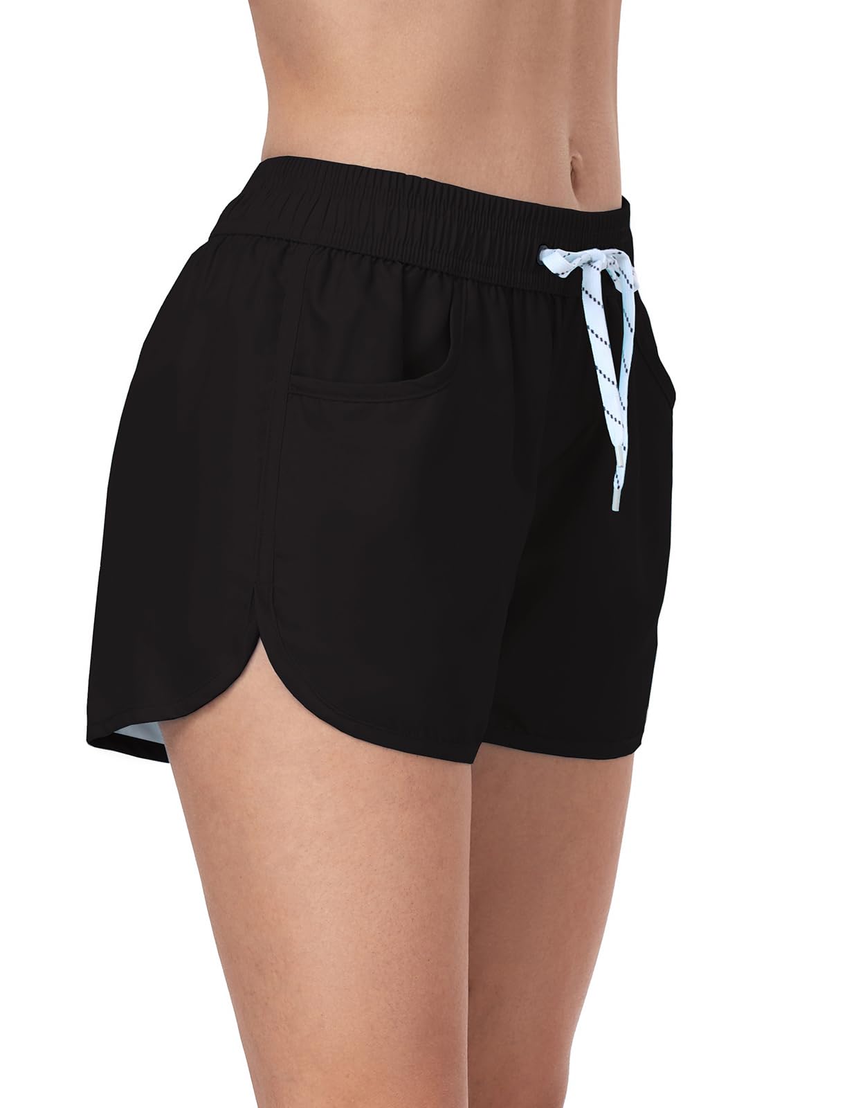 Schnelltrocknende Damen Badeshorts mit 2 Taschen, High Waist Wasserabweisende Badehose, Ohne Innenslip