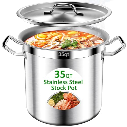 Large Stock Pot-35QT Stainless Steel Stockpot with Lid, Heavy Duty Tri-Ply Bottom Commercial Grade Stock Pot & Stockpots for Boiling Cooking Soup Stew Canning Cooking Pots, Big Stockpot, Deep Cookware