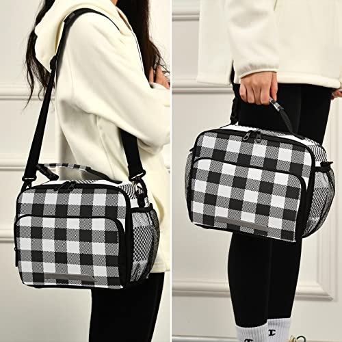 Eionryn G270233871P584C620S1262 Black White Buffalo Plaid Lunch Bags Tartan Check Lunch Box Insulated Cooler Bag Reusable Tote Shoulder Bag thumb #4