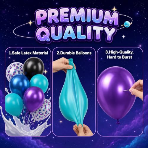 Image of Black Purple Blue Balloons 60 Pcs 12 Inch Metallic Blue Purple Teal Confetti Balloons for Space Birthday Party Galaxy Party Decorations and Teal and Blue Birthday Decorations