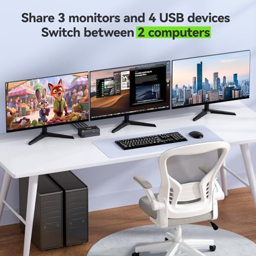 Image of KVM Switch 3 Monitors 2 Computers 8K@60Hz,Triple Monitor KVM Switch for Running Two Computers Across 3 Monitors, Sharing 4 USB 3.0 Devices, with Wired Remote & USB Cable