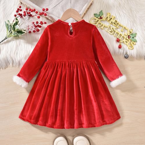 Toddler Girls Christmas Dress Long Sleeve Crew Neck Embroidery Santa Claus Winter Christmas Party Dress 12M-5T2