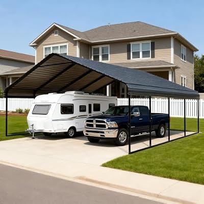 FILLOSLOV 20x20FT Metal Carport with Vertical Roof. All-Weather Galvanized Steel Frame. Heavy Duty Carport with Reinforced Base & Portable Outdoor Shelter Canopy for Cars, Trucks & RVs