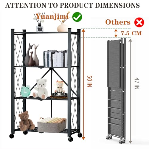 Image of 4 Tier Foldable Storage Shelf with Wheels, Metal Steel Collapsible Shelves | Heavy Duty Folding Shelf Loads 600 LBS, Rolling Standing Utility Rack for Kitchen, Pantry, Office, Black