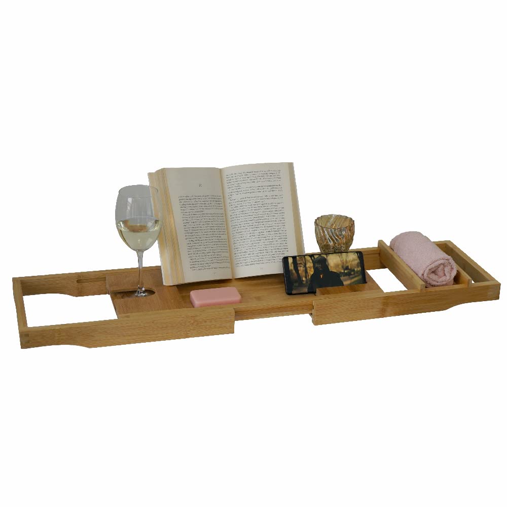 Vivol Baignoire en bois de bambou naturel avec porte-savon et porte-bougies – Étagère de baignoire extensible