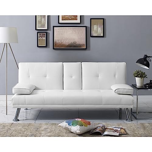 Naomi Home Futon Sofa with Armrest and Cupholders White