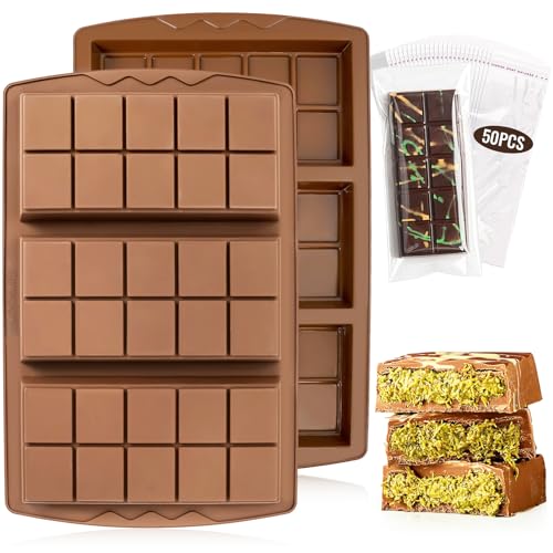 Schokoladenform Silikon Tief, 2 Stück Dubai Schokolade Form, Extra Tief Schokoladenform Mit 50 Stück Beuteln, Silikonform Schokolade 2cm Tiefe, Schokoladentafel Form für Praline Süßigkeiten